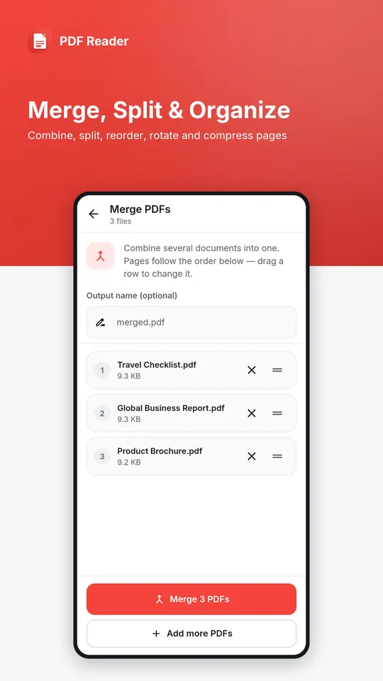 The merge PDF screen with several files in order