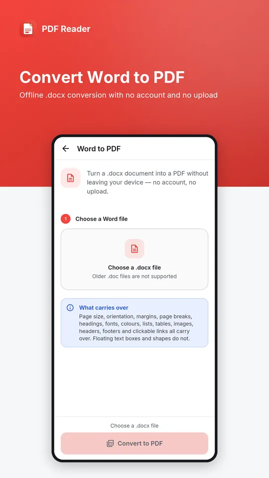 The PDF to Word and Word to PDF conversion screen