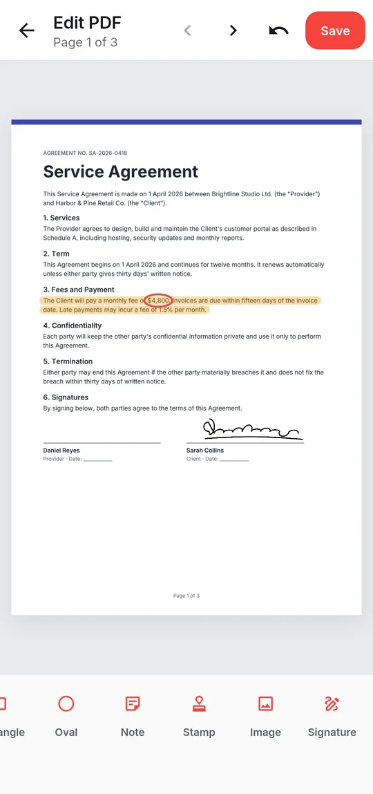 Editing a service agreement with a highlight, a signature and the annotation toolbar