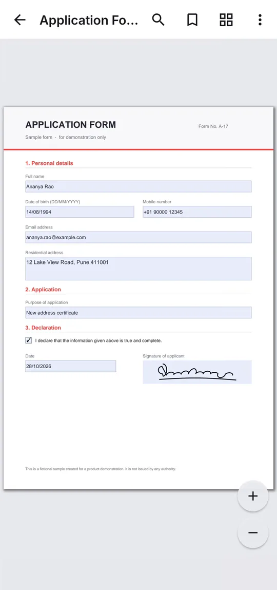 An application form filled in on a phone, with typed answers, a ticked declaration, a date and a signature