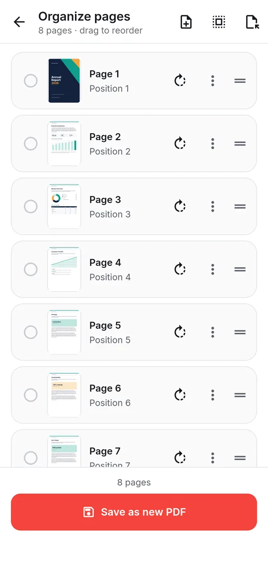 Organize pages showing page thumbnails with rotate and reorder controls