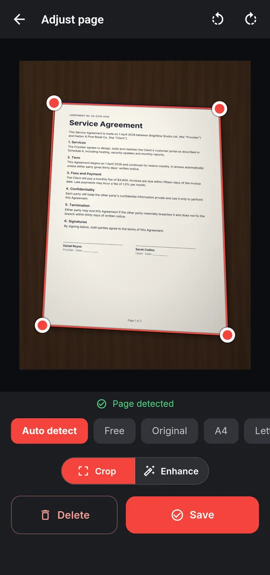 Scan to PDF adjusting the detected corners of a photographed document