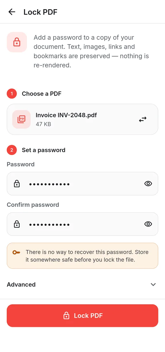 Lock PDF screen setting a password on an invoice