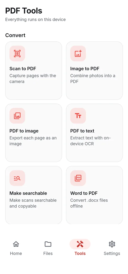 The PDF Tools screen listing Scan to PDF, Image to PDF, PDF to text and Word to PDF